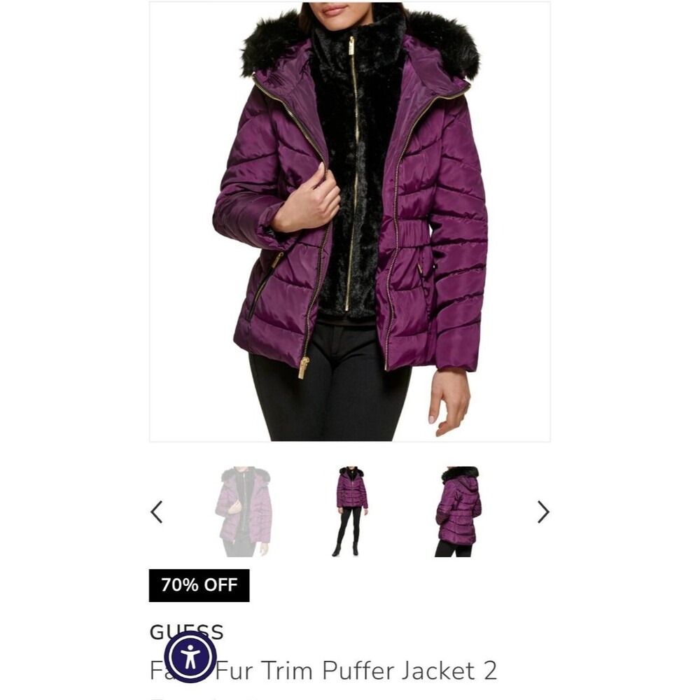 GUESS Women’s Hooded Puffer Jacket Faux Fur Trim Coat Size XL